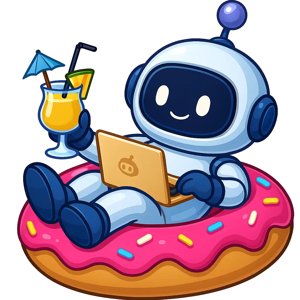 Freundlicher Roboter sitzt auf pinkem Donut-Schwimmreifen, arbeitet am Laptop und hält einen Cocktail