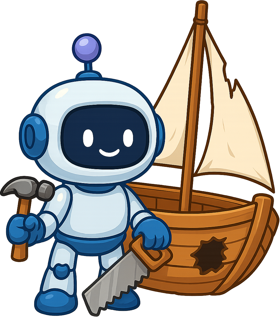 Freundlicher Roboter steht vor einem beschädigten Holzsegelboot und repariert es mit Hammer und Säge, während das Segel zerrissen ist.