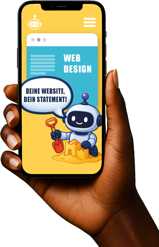 Schwarze Hand hält Smartphone mit Webdesign-Mockup und Roboter-Maskottchen im Rettungsring